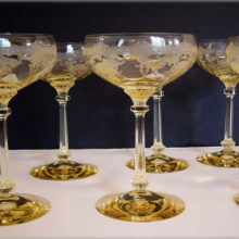 Set of 6 Heisey Old Dominion etched glass champagne stems in "Sahara" Heisey part no. 3380 tall stem saucer champagne 6 oz.