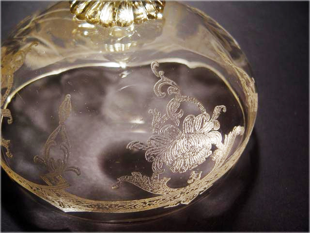 Vessels are hand blown, optic paneled, and etched with an Astor type flower pattern.