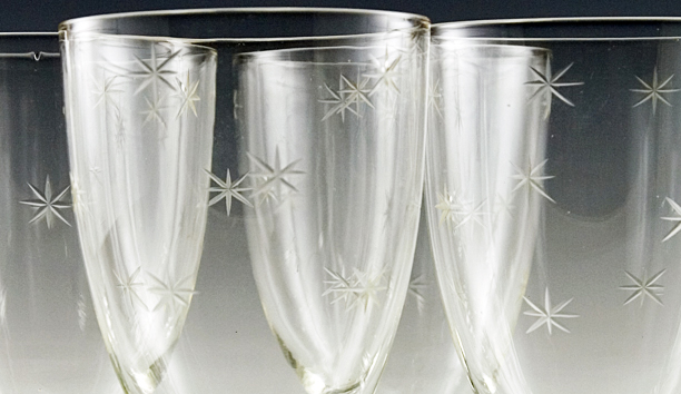 Set of 8 delicate full-size wine glasses from the 1930's in original condition.