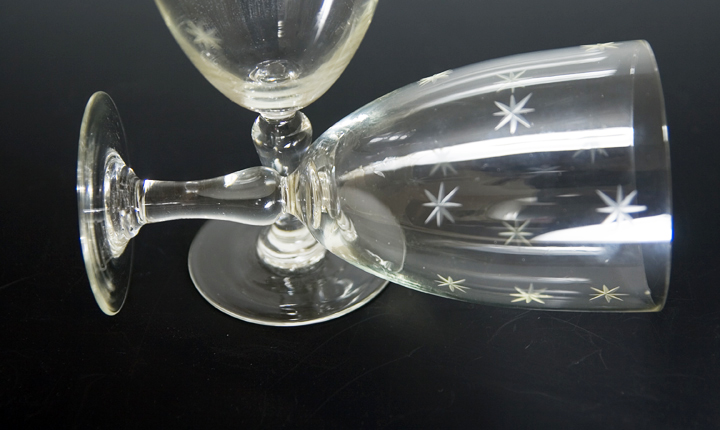 Blown glass with hand-etched 6 pointed stars in bevel.