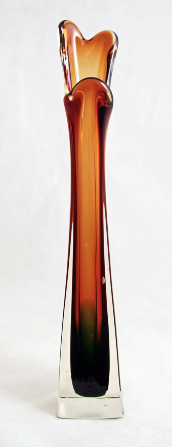 Tall, pulled and cased vintage art glass vase.