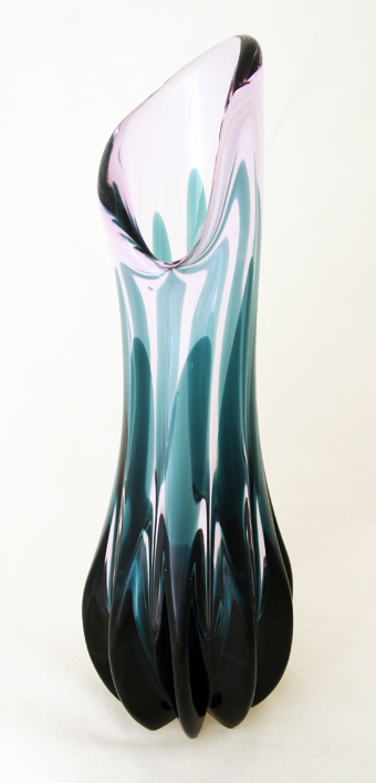 Rare glass floor vase stands a tad over 15" tall. HEAVY. Weighs over 5 lbs. Tiffin's mid-century art glass quality was upscale. Beautiful translucent velvety glass.