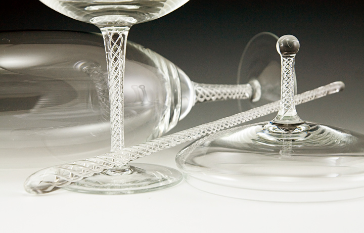 Hand blown with air twist decor on finial, stems and rare stir stick.