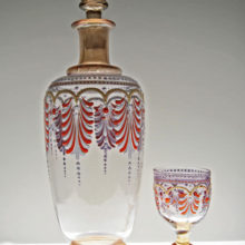 Well preserved antique Bohemian glass hand-blown decanter and goblet with enamel decor . Very rare. Very old.