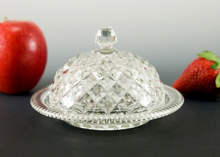 Antique Flint Glass Diamond Block Covered Butter Dish