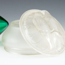 Antique satin glass puff box featuring Parrot and Lovebird theme, popular in the Art Deco era.