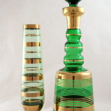 Mid-century Century blown Czech glass decanter with gold decor.