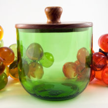 Re-purposed glass canister with solid Teak wood lid made during the first attempt to save the world's resources.