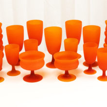 Set of 19 retro mod goblets by Carlo Moretti, Italy. Circa 1959 to mid 1960's. Hand blown with applied stems. Featuring the velvety soft Satinato finish Carlo Moretti is famous for. The glass is top quality leaded crystal.