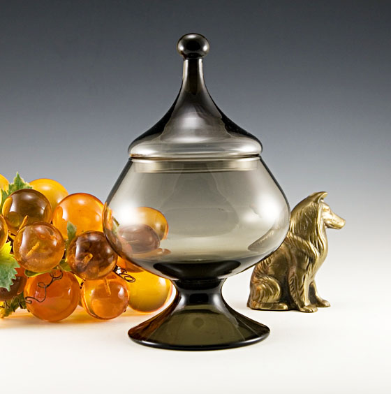 Unusual and beautiful circus tent blown glass covered jar from 1950s. The jar was made in Italy.