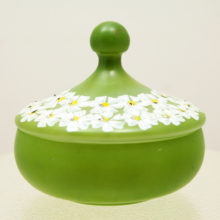 Darling retro vintage glass vanity puff jar from years gone by. The glass is clear with a fired-on bright moss green. The enamel decor was hand-painted and is raised from the surface like tole paint. Very dainty and adorable.