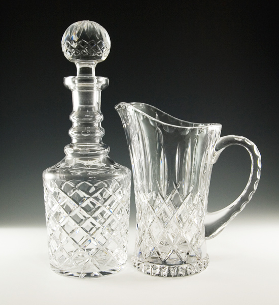 Beautiful heavy pressed crystal decanter and full-size pitcher.