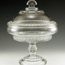 Big EAPG glass (early American pressed glass) covered comport by Bryce Higbee, circa 1885.