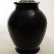 Mid 20th century elegant shouldered black amethyst vase with removable arranging frog.
