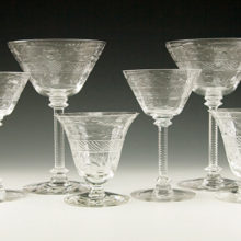 Set of 6 perfect antique hand cut crystal goblets with notched stems. Made of quality war-time crystal. Long strong ring tone. Hand-cut pattern.