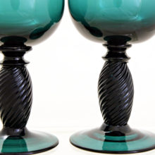 Beautiful antique colored crystal goblets hand-blown in Peacock blue with incised stems.