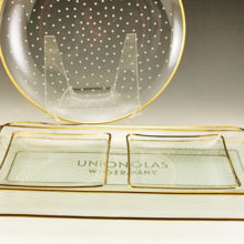 Set of German Postwar modernist glass serving dishes hand decorated and trimmed in gold
