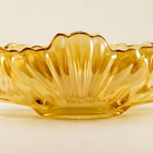 Elegant Art Nouveau decor long and low table centerpiece by Jeannette Glass. Depression era molded glass in golden luster made in the Art Nouveau decor style.