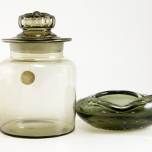 Hand blown mid-century modern vintage glass canister. Imported from Italy by Gumps of San Francisco back in the days of Haight-Ashbury (late 1960's).