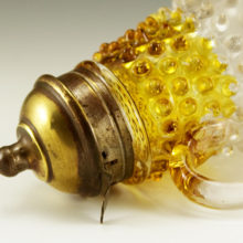 Beautiful Early American Pattern Glass (EAPG) hobnail pattern with a satin frost acid treatment on the lower half and a bright glowing amber on the upper portion.