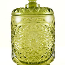 Vintage glass canister in olive green by Imperial Glass, USA. Imperial Hobstar pattern covered jar, cracker or cookie jar. It's great for any type of dry food storage item, and vanity items too. Also useful at the bar for cocktail fruit, etc.