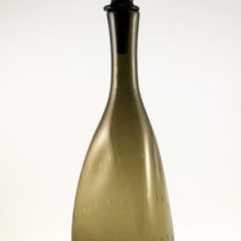 Big retro mod blown glass decanter in dark smoke olive.