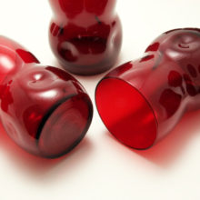 The beautiful ruby red glass was hand blown, pinched by hand-tool, sheared at rim, rim is polished.