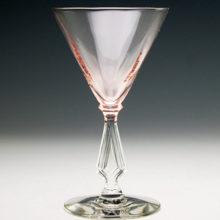 Rare 1930's Art Deco stemware by Morgantown Glass (West Virginia, US). Pattern is called 'Art Moderne'. Set of four martini glasses in clear and 'Anna Rose' pink crystal. Shown in Morgantown's 1931 catalog, number 7640.