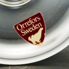 Original Orrefors Glassworks labels on each, plus a hand-etched 'OF' on base.