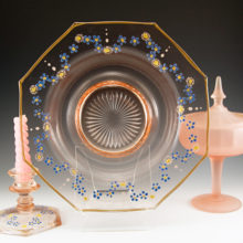 Pink Depression Glass Console Bowl and Candle Holders