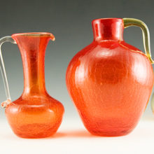 Retro modern vase or jug hand-made in the 1960's. Large 8" tall art glass jug with sparkling fine crackle weighs 2 lbs. Exceptional deep orange color with hints of yellow, called Persimmon. Hand-drawn applied handle is in light amber/yellow.