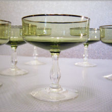 Elegant set of 6 platinum banded dessert compotes. Lovely olive green vessels point to circa 1970s, could be much earlier.