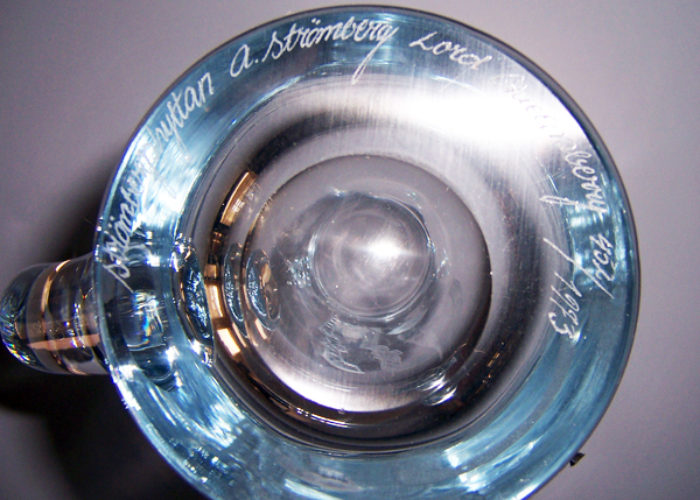 Swedish Blue Crystal Beer Mug Marquis of Queensberry Signed Retro Art