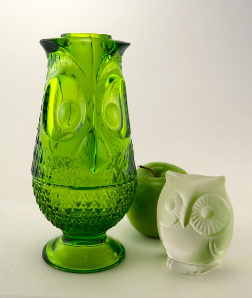 Retro mod owl fairy light. Viking Art Glass 2-Piece "Glimmer" Candlelight, pattern #6900.