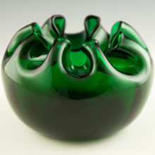 Jewel-like emerald blown glass flower bowl by Blenko Art Glass, circa 1960s.