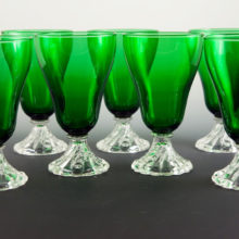 Forest Green water goblets in Atomic era pattern called Burple by Anchor Hocking. Collectors love to call them "Boopies". Circa 1950’s.