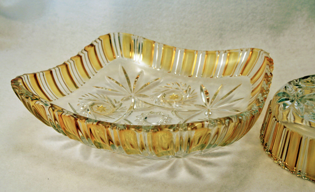Amber Stained Pressed Heavy Quality Glass Serving Bowls.