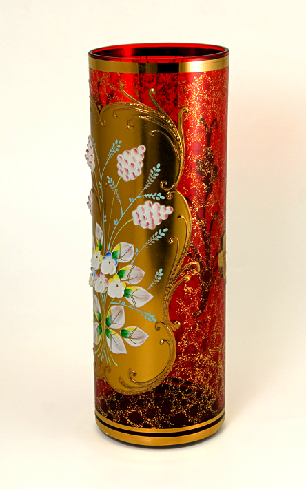 Blown Ruby Glass Cylinder Vase with Gold and Raised Enamel - Image 5