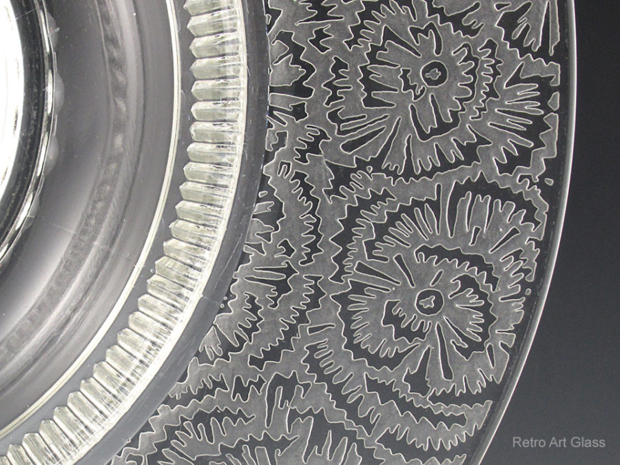 Magnified acid etched pattern called Frost by Paden City Glass, USA circa 1930s.