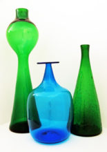 Massive floor vase by Blenko on left was designed in 1959. It stands 26” tall and bears the sandblast Blenko signature in use for only two years. Center floor vase in infamous Blenko Blue.