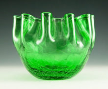 Hand-blown crackle glass vase with crimped ruffles perfect for flower arranging. By mid-century American glassmaker Pilgrim Art Glass, circa 1960's - 1970's.