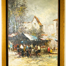 Beautiful big vintage oil painting signed Pisani of an Italian street market scene with solid oak frame.
