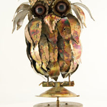 Wonderful big-eyed fluffy feathered Jere Style Owl Music Box in patinated brass.