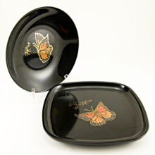 Pair of vintage Couroc inlaid wood and brass butterfly dishes.