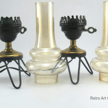 Atomic era tripod table lamps with hooped lustre glass chimney, circa late 1940's.