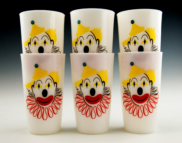 Set of six Hazel Atlas vintage circus clown tumblers circa 1950's.