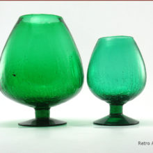 Large Pilgrim crackle glass vases, hand blown in the mid 20th century. This glass was hand-blown and hand-mixed. Today's glass is computer mixed. With hand-mixed glass, the color sometimes varies a bit between batches.