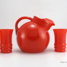 Anchor Hocking retro glass beverage set in primary orange Line 2157, Rainbow.