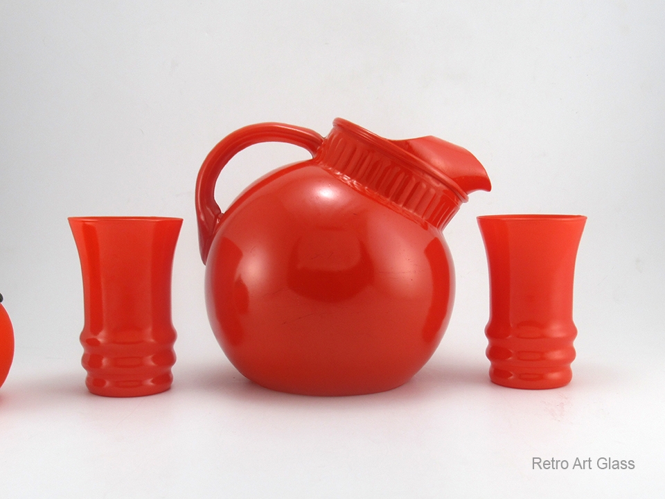 Anchor Hocking retro glass beverage set in primary orange Line 2157, Rainbow.