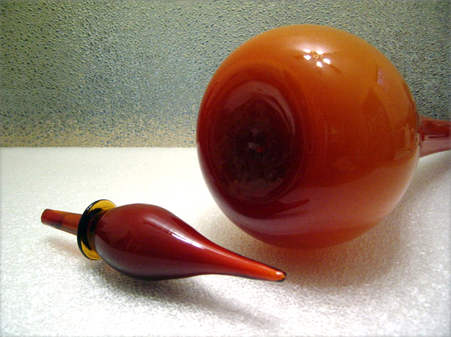The stopper of this giant hand blown decanter appears to be original, but does not fit airtight. Circa 1960's-1970's.
